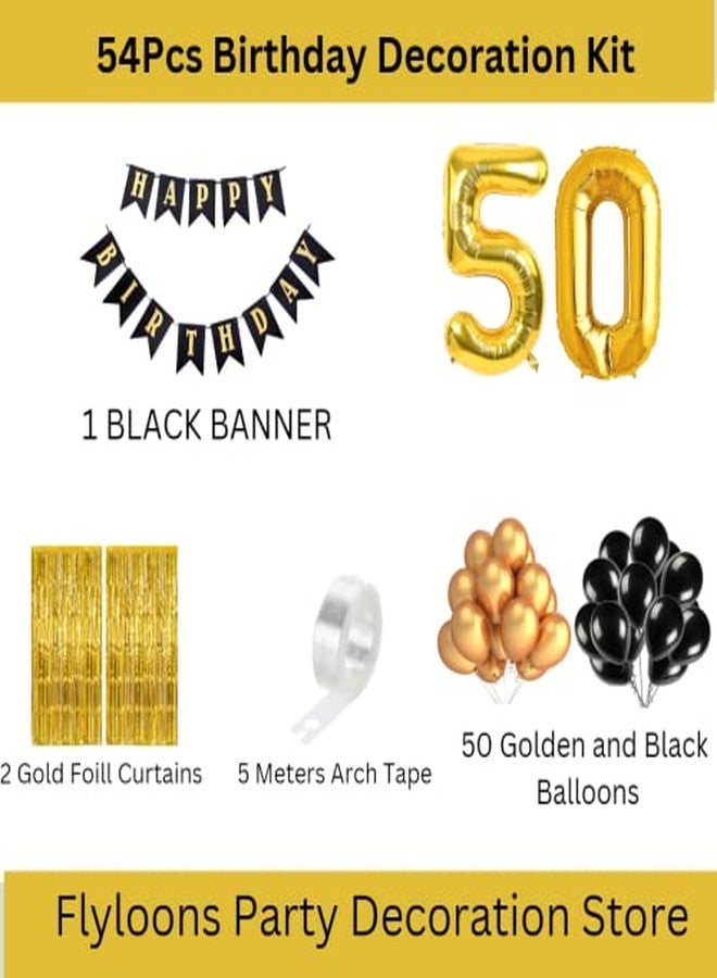 Flyloons 50th Black Gold Happy Birthday Decoration for Girls Kids Boys with Black Happy Birthday Banner,Black,Gold Balloons, Golden Foil Curtain,Arch Tape birthday celebration half century - Image 2